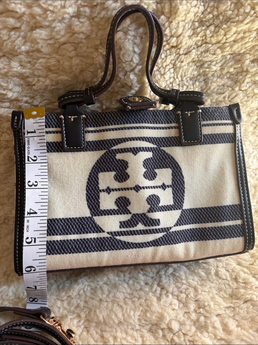 Tory Burch Navy and Cream Canvas Mini Tote with Leather Trim - Picture 6 of 11